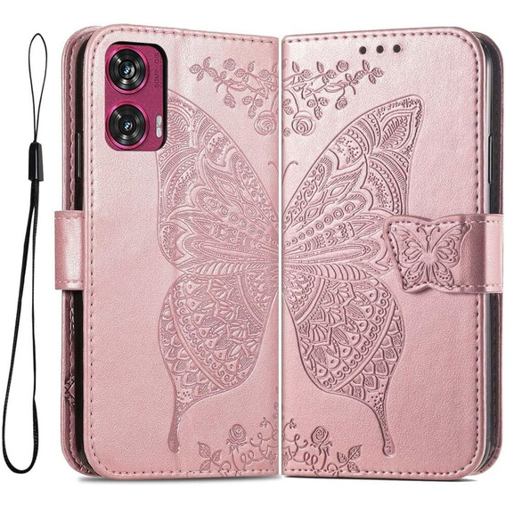 Etui z klapką do Motorola Edge 50 Fusion 5G, Butterfly, różowe rose gold