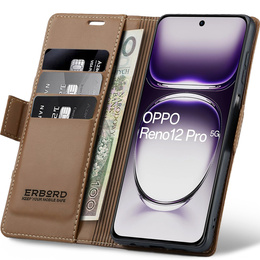 Etui do Oppo Reno 12 Pro, ERBORD Glossy Litchi, portfel z klapką, brązowe
