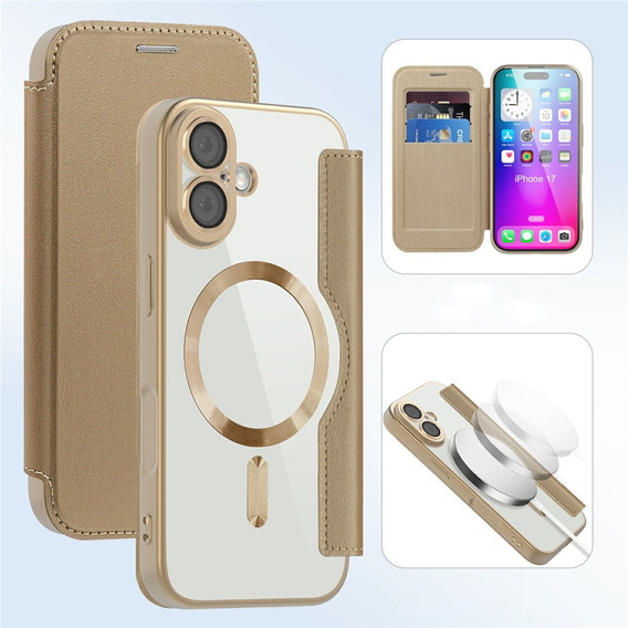 Etui z klapką do iPhone 17, RFID Wallet MagSafe z ochroną aparatu, złote