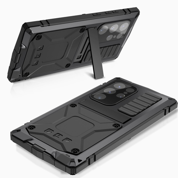 Etui pancerne do Samsung Galaxy S25 Ultra, R-JUST, ze szkłem i podstawką, czarne