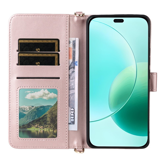 Etui portfelowe do Honor 400 Lite – pudrowy róż, z paskiem na ramię i nadgarstek, funkcją podstawki