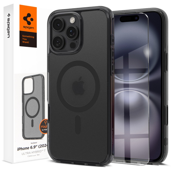 Etui z MagSafe Spigen do iPhone 16 Pro Max, Ultra Hybrid "T", matowe przezroczyste / czarne + Szkło Hartowane 9H