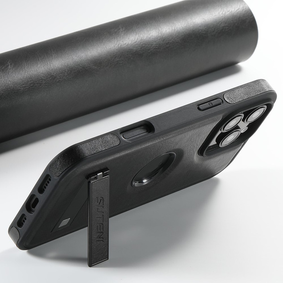 Etui Suteni MagSafe do iPhone 16 Pro – czarne, skórzane, magnetyczne, z funkcją podstawki