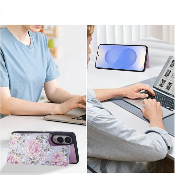 Etui do Samsung Galaxy S25 Edge – skórzane, z ochroną RFID, kieszonkami na karty, motyw róży