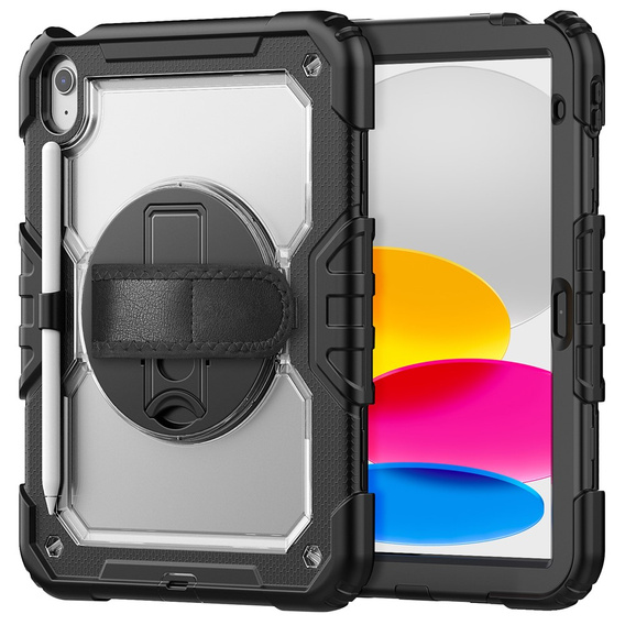 Etui ochronne do iPad 11" 2025 A16 (11 gen.) / 10.9" 2022 (10 gen.) z folią PET, paskiem na ramię i obrotową podstawką - czarne