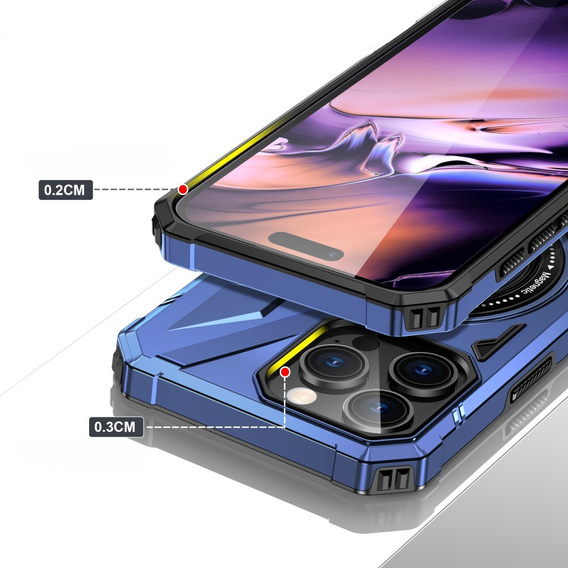 Etui do iPhone 16 Pro, pancerne z podstawką i blaszką do uchwytu, niebieskie