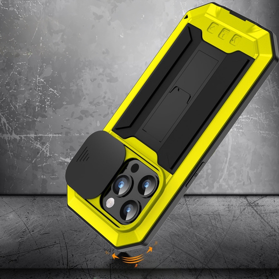 Etui do iPhone 15 Pro, R-JUST CamShield Slide, pancerne, żółte / czarne