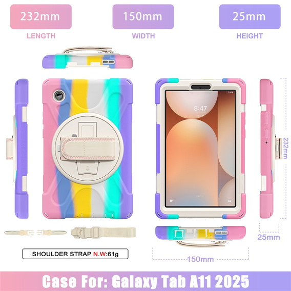Pancerne etui do Samsung Galaxy Tab A11, z podstawką i paskiem na ramię – wielokolorowe