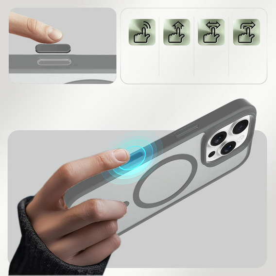 Etui ERBORD z MagSafe do iPhone 16 Pro Max, Matte Case, aktywny przycisk, matowe / tytanowe szare
