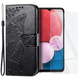 Zestaw Etui z klapką do Samsung Galaxy A13 4G, Motyl, Czarne + szkło