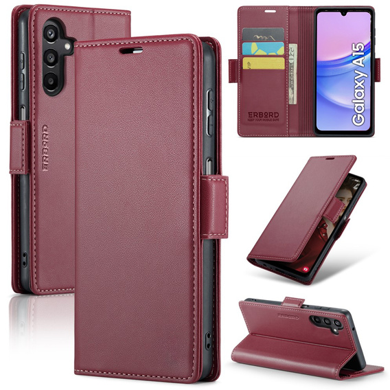 Etui do Samsung Galaxy A15 4G / 5G, ERBORD Glossy Litchi, portfel z klapką, czerwone + Szkło Hartowane 9H