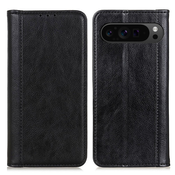 Etui z klapką do Google Pixel 10 Pro XL / 9 Pro XL, skórzane z kieszonką, czarne