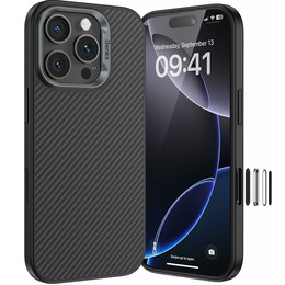 Etui BENKS Kevlar Armor PRO do iPhone 16 Pro, Carbon Fiber 600D D065, do MagSafe, aktywny przycisk – czarne