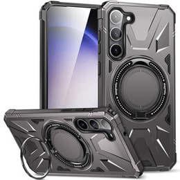 Etui do Samsung Galaxy S24, pancerne z podstawką i blaszką do uchwytu, szare