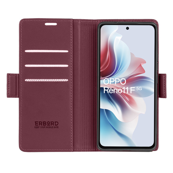 Etui do Oppo Reno 11F, ERBORD Glossy Litchi, portfel z klapką, czerwone