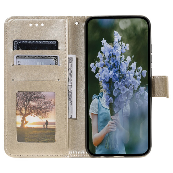 Etui z klapką do Samsung Galaxy A15, Mandala Flower, złote + szkło 9H