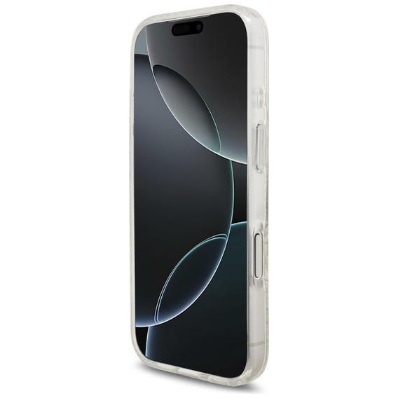 Etui GUESS do iPhone 17 Pro, IML Flowers Electroplated Allover With Beads Strap, do MagSafe, z paskiem, białe