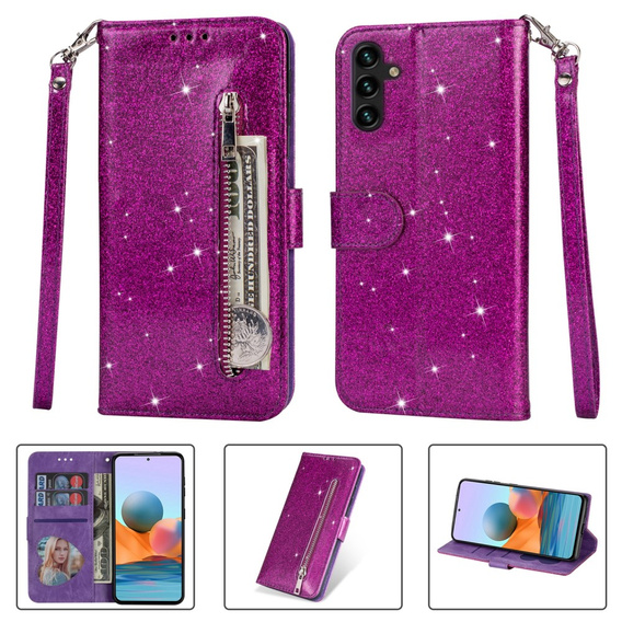 Etui z klapką do Samsung Galaxy A35 5G, Wallet Zipper Pocket Glittery, fioletowe