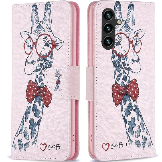 Etui z klapką do Samsung Galaxy A15, Wallet, giraffe, różowe + szkło 9H