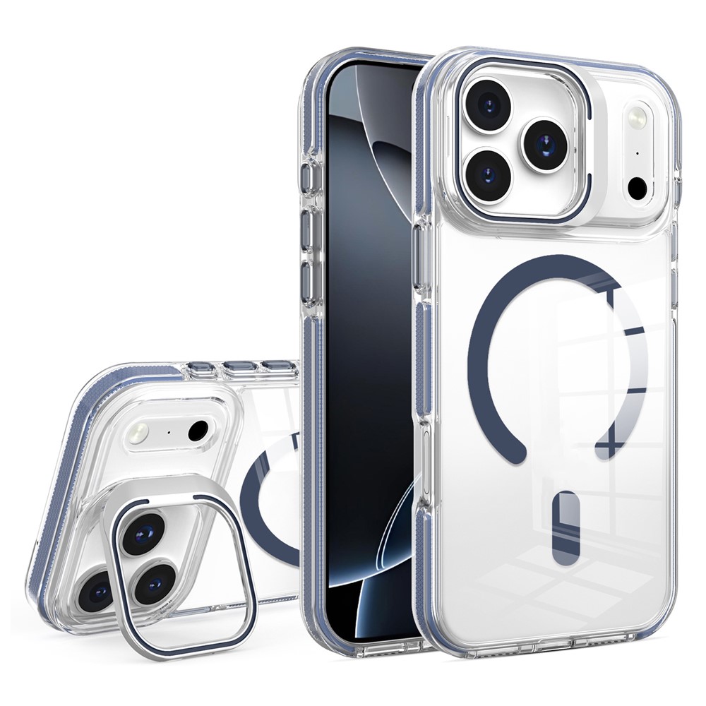 Etui do iPhone 17 Pro Max, do MagSafe, z podstawką, przezroczyste z granatowymi akcentami