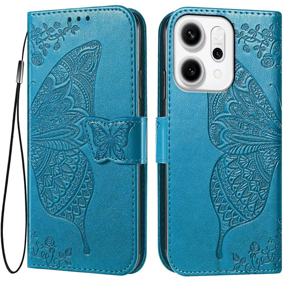 Etui z klapką do Oppo Reno 14, z wytłoczonym wzorem motyla, niebieskie