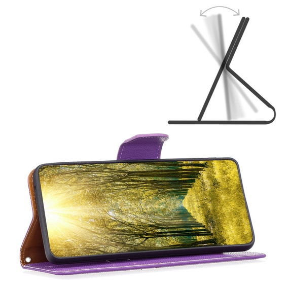 Etui z klapką do Samsung Galaxy A15, Wallet Litchi Leather, fioletowe + szkło 9H