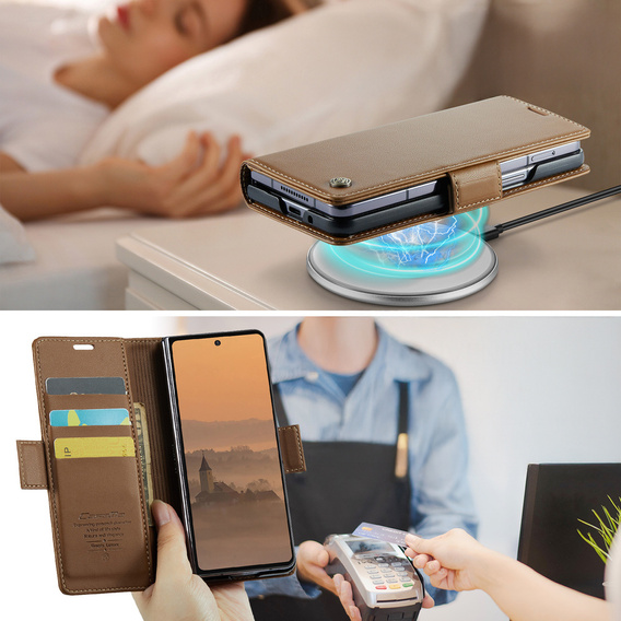 Etui z klapką CASEME do Samsung Galaxy Z Fold7 5G Litchi Wallet – brązowe