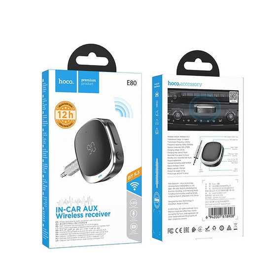 Adapter AUX bluetooth Jack 3,5 mm Hoco E80 z wyświetlaczem - czarny