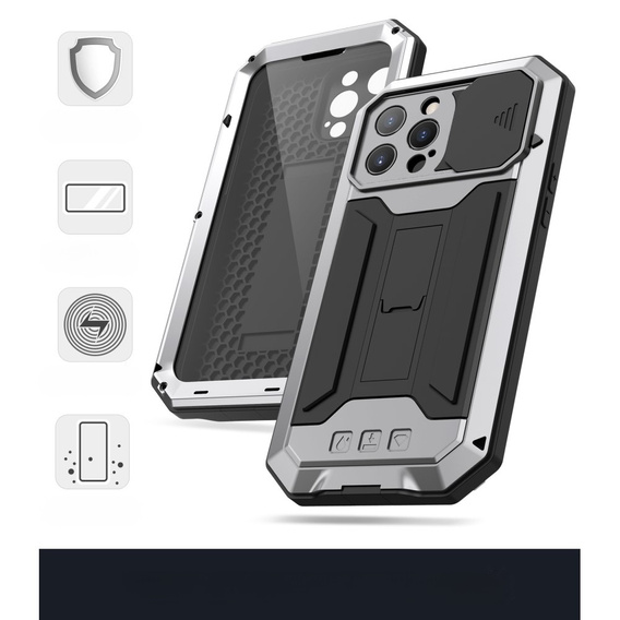 Etui do iPhone 13 Pro Max, R-JUST CamShield Slide, pancerne, srebrne / czarne