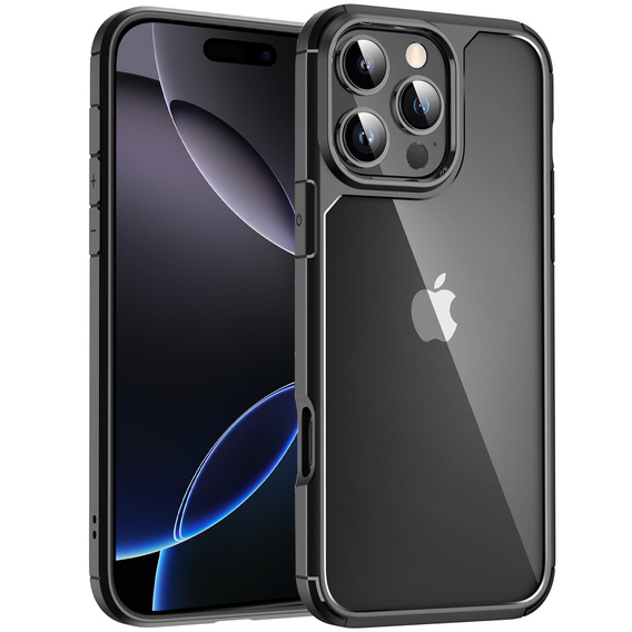 Etui do iPhone 16 Pro, ERBORD Hybrid, przezroczyste / czarne + 2x Szkło na ekran + 2x Szkło na aparat