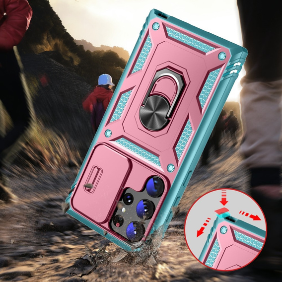 Etui pancerne do Samsung Galaxy S24 Ultra, CamShield Slide, zielone / różowe