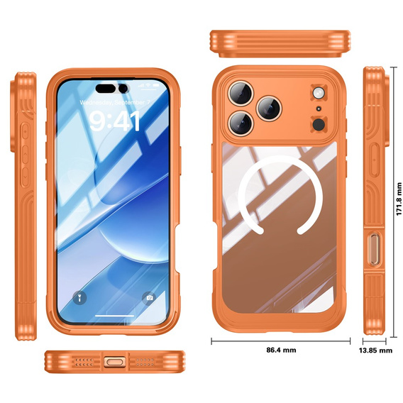 Etui do iPhone 17 Pro Max, Shockproof, ze szkłem, do MagSafe, pomarańczowe