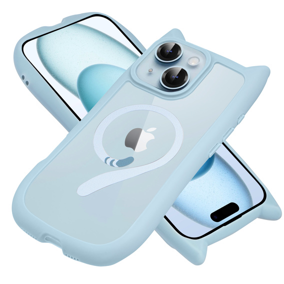 Etui do iPhone 15, do MagSafe, Cute Cat, niebieskie + Szkło na ekran