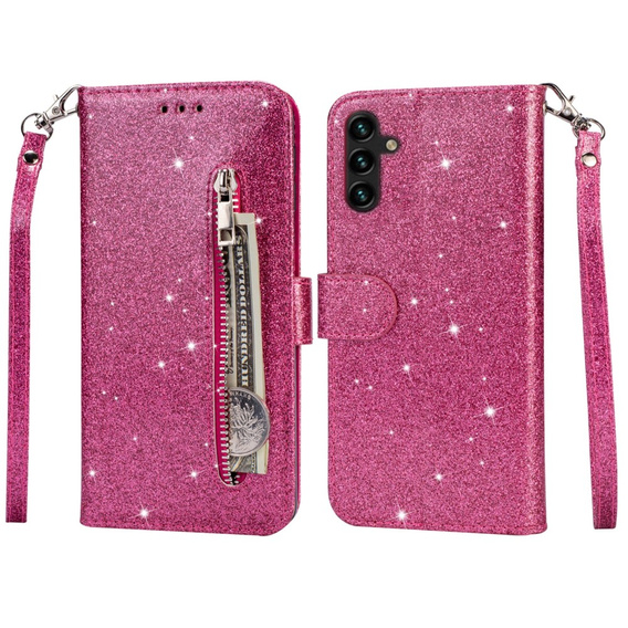 Etui z klapką do Samsung Galaxy A55, Wallet Zipper Pocket Glittery, różowe