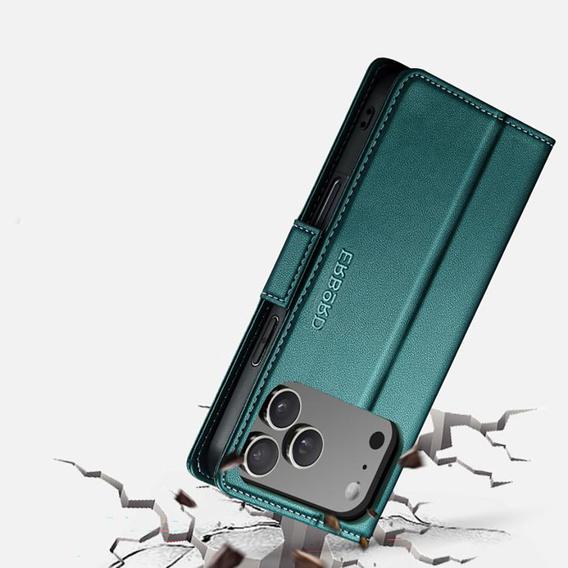 Etui do iPhone 17 Pro Max, ERBORD Glossy Litchi, portfel z klapką, zielone