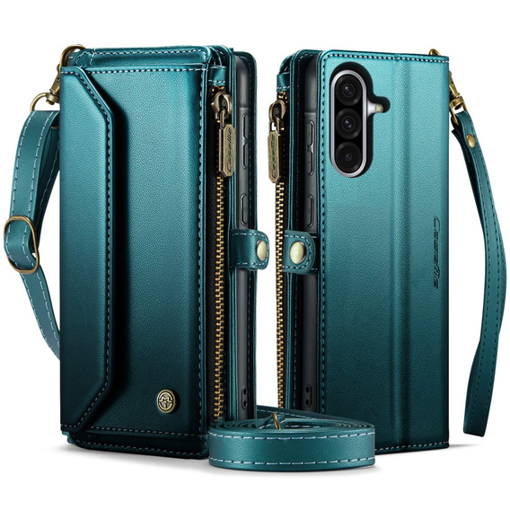 Etui CASEME do Samsung Galaxy A56 5G, RFID Leather Wallet, z paskiem na ramię, zielone