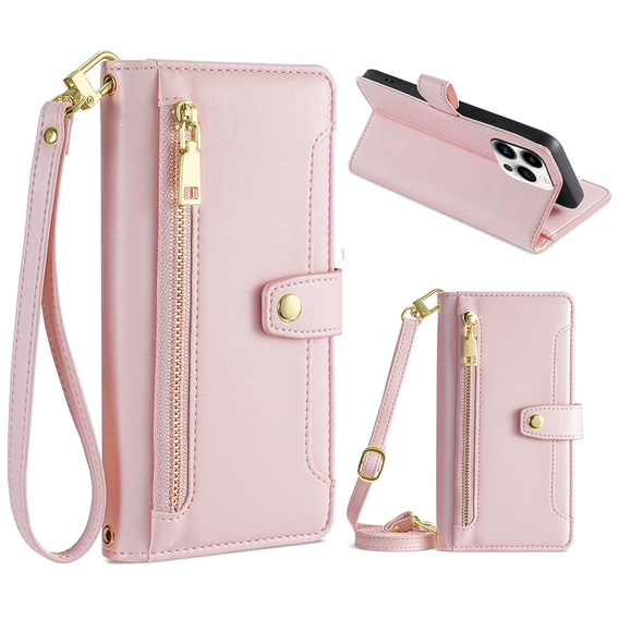 Etui z klapką do iPhone 15 Pro Max, Wallet Zipper Pocket, różowe
