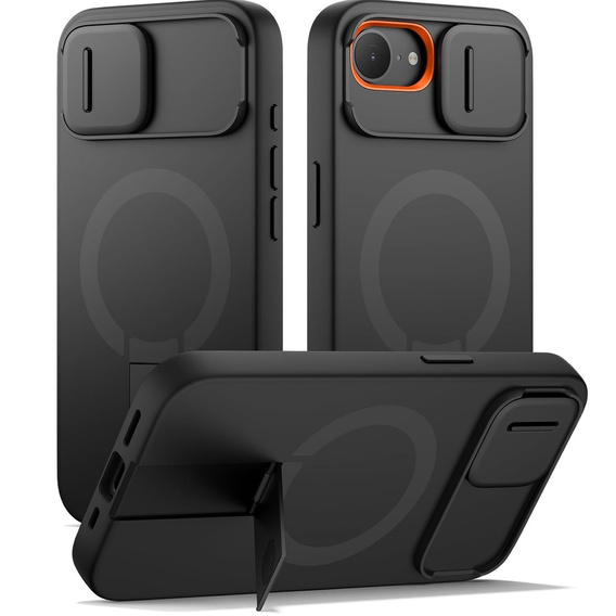 SURITCH Magnetyczne etui ochronne do iPhone 16e z osłoną kamery i podstawką - czarne