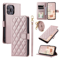 Etui z klapką do iPhone 16 Pro Max, Rhombus Crossbody Leather, różowe rose gold