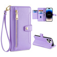 Etui z klapką do iPhone 14 Pro, Wallet Zipper Pocket, fioletowe