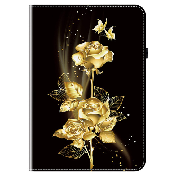 Etui do Lenovo Tab K11 Plus z nadrukiem złotej róży, z kieszeniami na karty i funkcją podstawki