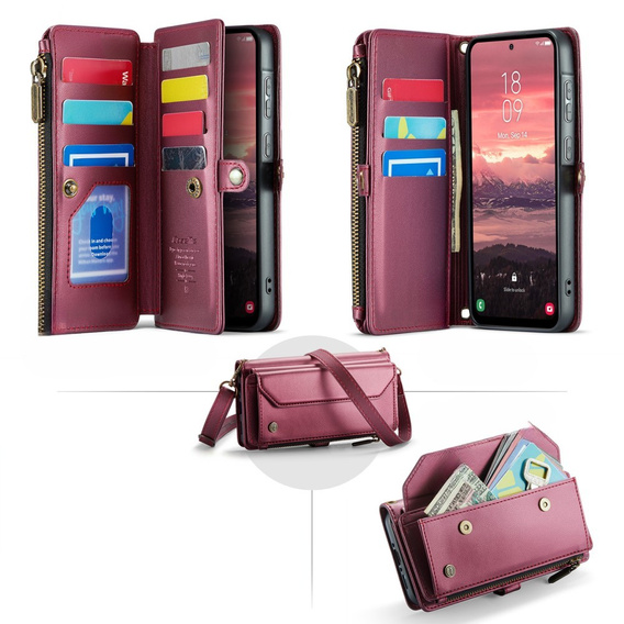 Etui CASEME do Samsung Galaxy A56 5G, RFID Leather Wallet, z paskiem na ramię, czerwone