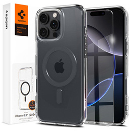 Etui z MagSafe Spigen do iPhone 16 Pro, Ultra Hybrid, przezroczyste / szare + Szkło Hartowane 9H