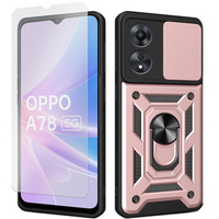 Zestaw Etui pancerne do Oppo A78 5G, Nox Camera Slide, różowe rose gold + szkło