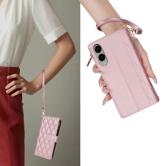 Etui z klapką do Samsung Galaxy S25 Edge, Rhombus Crossbody, różowe rose gold