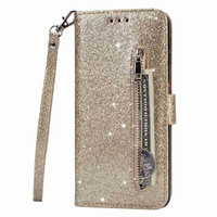 Etui z klapką do Samsung Galaxy S24, Wallet Zipper Pocket Glittery, złote