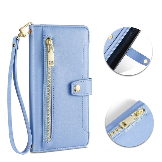 Etui z klapką do iPhone 14 Pro, Wallet Zipper Pocket, niebieskie