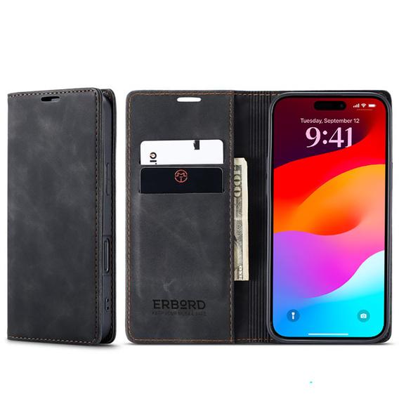 Etui do iPhone 17 Pro Max, ERBORD Vintage portfel z klapką, czarne