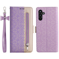 Etui z klapką do Samsung Galaxy A55 5G, Wallet Pocket Zipper Lace, fioletowe