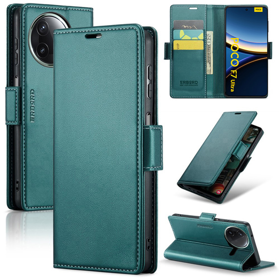 Etui do Xiaomi Poco F7 Ultra, ERBORD Glossy Litchi, portfel z klapką, zielone